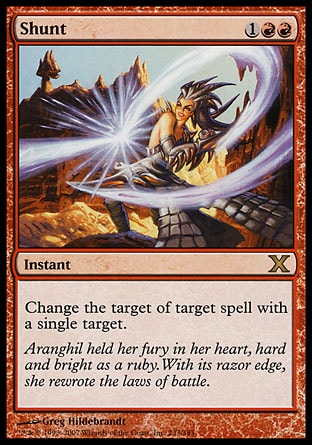 Shunt (3, 1RR) 0/0\nInstant\nChange the target of target spell with a single target.\nTenth Edition: Rare, Darksteel: Rare\n\n
