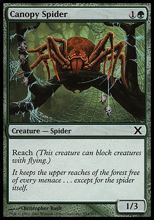 Canopy Spider (2, 1G) 1/3\nCreature  — Spider\nReach (This creature can block creatures with flying.)\nTenth Edition: Common, Eighth Edition: Common, Seventh Edition: Common, Tempest: Common\n\n