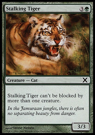 Stalking Tiger (4, 3G) 3/3\nCreature  — Cat\nStalking Tiger can't be blocked by more than one creature.\nTenth Edition: Common, Portal Three Kingdoms: Common, Classic (Sixth Edition): Common, Portal: Common, Mirage: Common\n\n