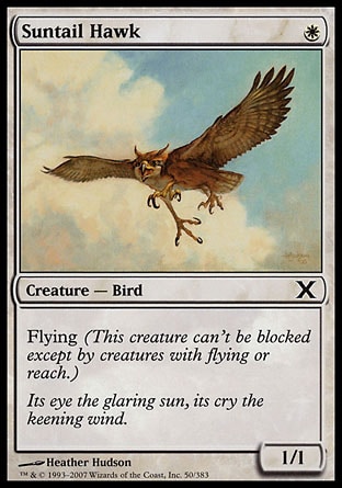 Suntail Hawk (1, W) 1/1\nCreature  — Bird\nFlying (This creature can't be blocked except by creatures with flying or reach.)\nTenth Edition: Common, Ninth Edition: Common, Eighth Edition: Common, Judgment: Common\n\n