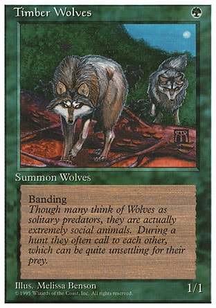 Timber Wolves (1, G) 1/1
Creature  — Wolf
Banding (Any creatures with banding, and up to one without, can attack in a band. Bands are blocked as a group. If any creatures with banding you control are blocking or being blocked by a creature, you divide that creature's combat damage, not its controller, among any of the creatures it's being blocked by or is blocking.)
Fourth Edition: Rare, Revised Edition: Rare, Unlimited Edition: Rare, Limited Edition Beta: Rare, Limited Edition Alpha: Rare

