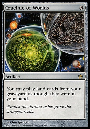 Crucible of Worlds (3, 3) 0/0
Artifact
You may play land cards from your graveyard.
Tenth Edition: Rare, Fifth Dawn: Rare

