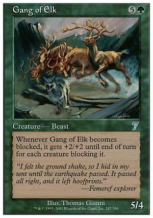 Gang of Elk (6, 5G) 5/4\nCreature  — Elk Beast\nWhenever Gang of Elk becomes blocked, it gets +2/+2 until end of turn for each creature blocking it.\nSeventh Edition: Uncommon, Urza's Legacy: Uncommon\n\n