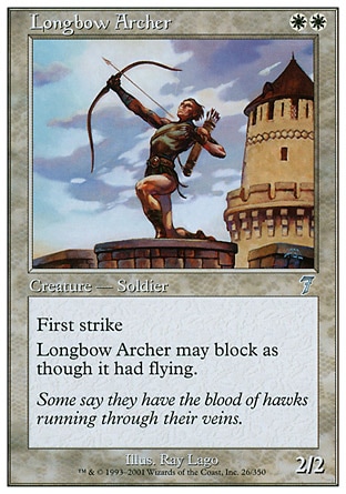 Longbow Archer (2, WW) 2/2\nCreature  — Human Soldier Archer\nFirst strike; reach (This creature can block creatures with flying.)\nSeventh Edition: Uncommon, Classic (Sixth Edition): Uncommon, Visions: Uncommon\n\n