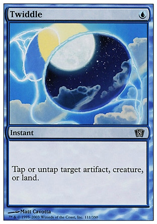 Twiddle (1, U) 0/0\nInstant\nYou may tap or untap target artifact, creature, or land.\nEighth Edition: Common, Seventh Edition: Common, Fifth Edition: Common, Fourth Edition: Common, Unlimited Edition: Common, Limited Edition Beta: Common, Limited Edition Alpha: Common\n\n