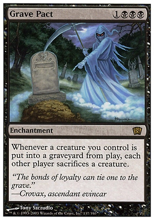 Grave Pact (4, 1BBB) 0/0
Enchantment
Whenever a creature you control is put into a graveyard from the battlefield, each other player sacrifices a creature.
Planechase: Rare, Tenth Edition: Rare, Ninth Edition: Rare, Eighth Edition: Rare, Stronghold: Rare


