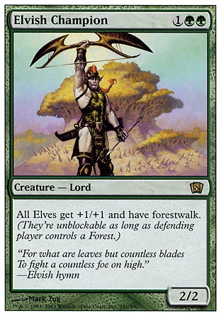 Elvish Champion (3, 1GG) 2/2
Creature  — Elf
Other Elf creatures get +1/+1 and have forestwalk. (They're unblockable as long as defending player controls a Forest.)
Tenth Edition: Rare, Ninth Edition: Rare, Eighth Edition: Rare, Seventh Edition: Rare, Invasion: Rare

