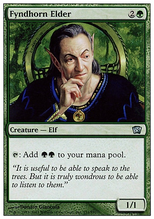 Fyndhorn Elder (3, 2G) 1/1\nCreature  — Elf Druid\n{T}: Add {G}{G} to your mana pool.\nEighth Edition: Uncommon, Seventh Edition: Uncommon, Classic (Sixth Edition): Uncommon, Fifth Edition: Uncommon, Ice Age: Uncommon\n\n