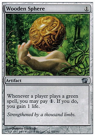 Wooden Sphere (1, 1) 0/0\nArtifact\nWhenever a player casts a green spell, you may pay {1}. If you do, you gain 1 life.\nEighth Edition: Uncommon, Seventh Edition: Uncommon, Classic (Sixth Edition): Uncommon, Fifth Edition: Uncommon, Fourth Edition: Uncommon, Revised Edition: Uncommon, Unlimited Edition: Uncommon, Limited Edition Beta: Uncommon, Limited Edition Alpha: Uncommon\n\n