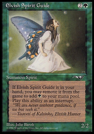 Elvish Spirit Guide (3, 2G) 2/2
Creature  — Elf Spirit
Exile Elvish Spirit Guide from your hand: Add {G} to your mana pool.
Masters Edition II: Uncommon, Alliances: Uncommon

