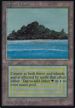 Tropical Island (0, ) 0/0
Land  — Forest Island

Masters Edition III: Rare, Revised Edition: Rare, Unlimited Edition: Rare, Limited Edition Beta: Rare, Limited Edition Alpha: Rare

