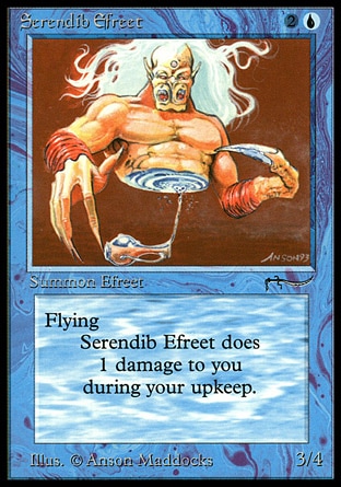 Serendib Efreet (3, 2U) 3/4
Creature  — Efreet
Flying<br />
At the beginning of your upkeep, Serendib Efreet deals 1 damage to you.
From the Vault: Exiled: Mythic Rare, Masters Edition: Rare, Revised Edition: Rare, Arabian Nights: Rare

