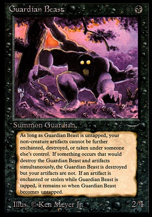 Guardian Beast (4, 3B) 2/4
Creature  — Beast
As long as Guardian Beast is untapped, noncreature artifacts you control can't be enchanted, they're indestructible, and other players can't gain control of them. This effect doesn't remove Auras already attached to those artifacts.
Arabian Nights: Rare

