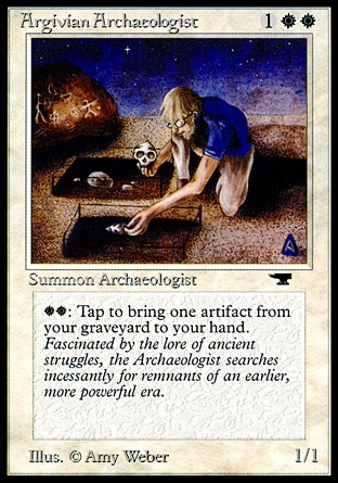 Argivian Archaeologist (3, 1WW) 1/1
Creature  — Human Artificer
{W}{W}, {T}: Return target artifact card from your graveyard to your hand.
Masters Edition: Rare, Antiquities: Rare

