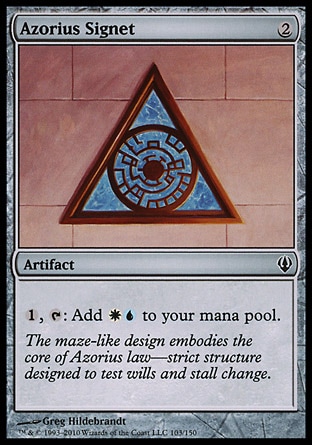 Azorius Signet (2, 2) 0/0\nArtifact\n{1}, {T}: Add {W}{U} to your mana pool.\nArchenemy: Common, Dissension: Common\n\n