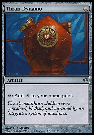 Thran Dynamo (4, 4) 0/0\nArtifact\n{T}: Add {3} to your mana pool.\nArchenemy: Uncommon, Urza's Destiny: Uncommon\n\n