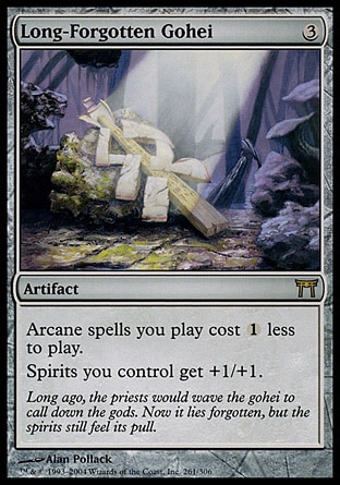 Long-Forgotten Gohei (3, 3) 0/0\nArtifact\nArcane spells you cast cost {1} less to cast.<br />\nSpirit creatures you control get +1/+1.\nChampions of Kamigawa: Rare\n\n