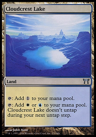 Cloudcrest Lake (0, ) 0/0\nLand\n{T}: Add {1} to your mana pool.<br />\n{T}: Add {W} or {U} to your mana pool. Cloudcrest Lake doesn't untap during your next untap step.\nChampions of Kamigawa: Uncommon\n\n