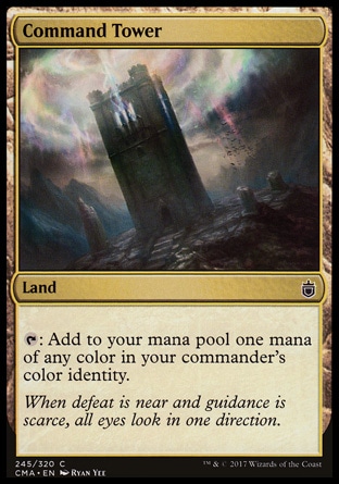 Command Tower (0, ) 0/0\nLand\n{T}: Add to your mana pool one mana of any color in your commander's color identity.\nCommander's Arsenal: Common, Commander: Common\n\n