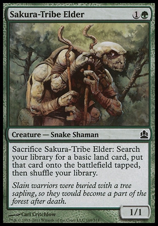 Sakura-Tribe Elder (2, 1G) 1/1\nCreature  — Snake Shaman\nSacrifice Sakura-Tribe Elder: Search your library for a basic land card, put that card onto the battlefield tapped, then shuffle your library.\nCommander: Common, Archenemy: Common, Champions of Kamigawa: Common\n\n