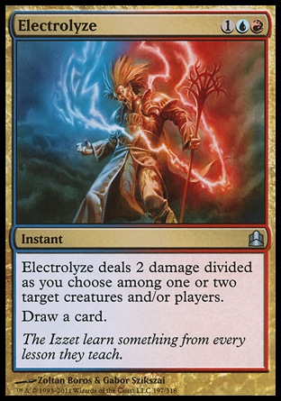Electrolyze (3, 1UR) 0/0\nInstant\nElectrolyze deals 2 damage divided as you choose among one or two target creatures and/or players.<br />\nDraw a card.\nCommander: Uncommon, Guildpact: Uncommon\n\n