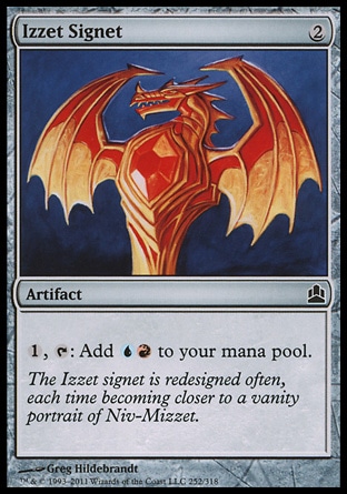 Izzet Signet (2, 2) 0/0\nArtifact\n{1}, {T}: Add {U}{R} to your mana pool.\n: Common, Commander: Common, Guildpact: Common\n\n