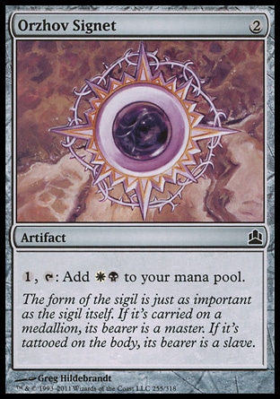 Orzhov Signet (2, 2) 0/0\nArtifact\n{1}, {T}: Add {W}{B} to your mana pool.\nCommander: Common, Guildpact: Common\n\n