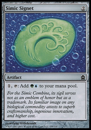Simic Signet (2, 2) 0/0\nArtifact\n{1}, {T}: Add {G}{U} to your mana pool.\nCommander: Common, Dissension: Common\n\n