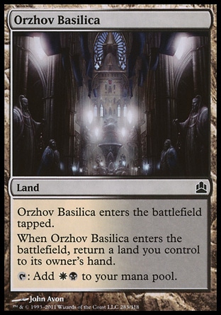 Orzhov Basilica (0, ) 0/0\nLand\nOrzhov Basilica enters the battlefield tapped.<br />\nWhen Orzhov Basilica enters the battlefield, return a land you control to its owner's hand.<br />\n{T}: Add {W}{B} to your mana pool.\nCommander: Common, Guildpact: Common\n\n