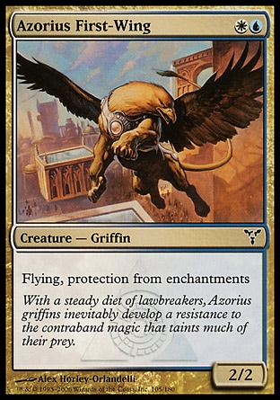 Azorius First-Wing (2, WU) 2/2\nCreature  — Griffin\nFlying, protection from enchantments\nDissension: Common\n\n