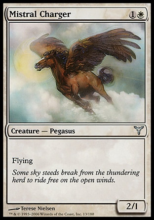 Mistral Charger (2, 1W) 2/1\nCreature  — Pegasus\nFlying\nDissension: Uncommon\n\n