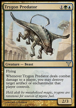 Trygon Predator (3, 1GU) 2/3\nCreature  — Beast\nFlying<br />\nWhenever Trygon Predator deals combat damage to a player, you may destroy target artifact or enchantment that player controls.\nDissension: Uncommon\n\n