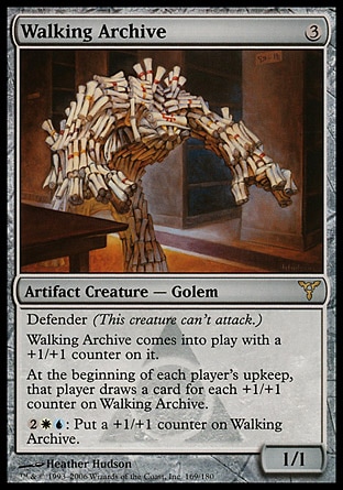 Walking Archive (3, 3) 1/1\nArtifact Creature  — Golem\nDefender (This creature can't attack.)<br />\nWalking Archive enters the battlefield with a +1/+1 counter on it.<br />\nAt the beginning of each player's upkeep, that player draws a card for each +1/+1 counter on Walking Archive.<br />\n{2}{W}{U}: Put a +1/+1 counter on Walking Archive.\nDissension: Rare\n\n