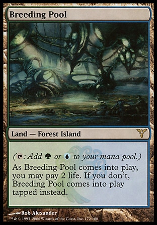 Breeding Pool (0, ) 0/0
Land  — Forest Island
({T}: Add {G} or {U} to your mana pool.)<br />
As Breeding Pool enters the battlefield, you may pay 2 life. If you don't, Breeding Pool enters the battlefield tapped.
Dissension: Rare

