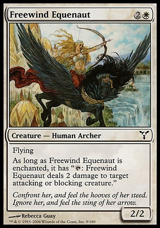 Freewind Equenaut (3, 2W) 2/2\nCreature  — Human Archer\nFlying<br />\nAs long as Freewind Equenaut is enchanted, it has "{T}: Freewind Equenaut deals 2 damage to target attacking or blocking creature."\nDissension: Common\n\n