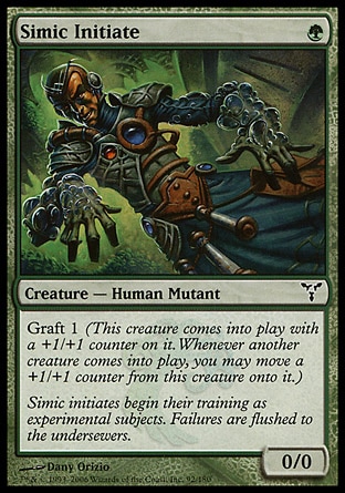 Simic Initiate (1, G) 0/0\nCreature  — Human Mutant\nGraft 1 (This creature enters the battlefield with a +1/+1 counter on it. Whenever another creature enters the battlefield, you may move a +1/+1 counter from this creature onto it.)\nDissension: Common\n\n