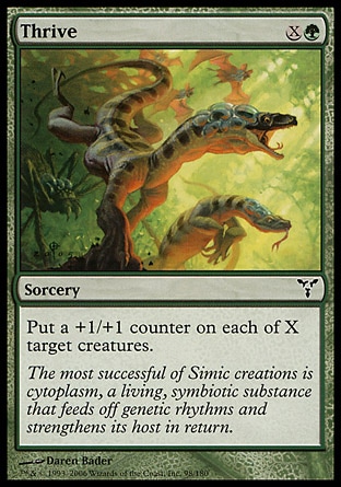 Thrive (2, XG) 0/0\nSorcery\nPut a +1/+1 counter on each of X target creatures.\nDissension: Common, Prophecy: Common\n\n