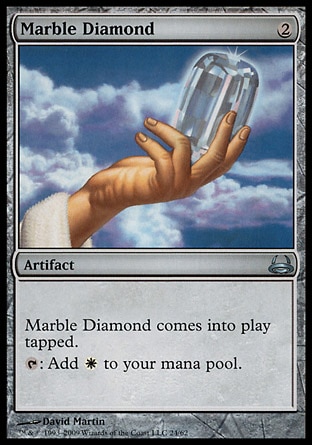 Marble Diamond (2, 2) 0/0\nArtifact\nMarble Diamond enters the battlefield tapped.<br />\n{T}: Add {W} to your mana pool.\nDuel Decks: Divine vs. Demonic: Uncommon, Seventh Edition: Uncommon, Classic (Sixth Edition): Uncommon, Mirage: Uncommon\n\n