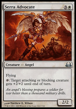Serra Advocate (4, 3W) 2/2\nCreature  — Angel\nFlying<br />\n{T}: Target attacking or blocking creature gets +2/+2 until end of turn.\nDuel Decks: Divine vs. Demonic: Uncommon, Seventh Edition: Uncommon, Urza's Destiny: Uncommon\n\n
