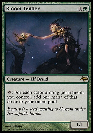 Bloom Tender (2, 1G) 1/1
Creature  — Elf Druid
{T}: For each color among permanents you control, add one mana of that color to your mana pool.
Eventide: Rare

