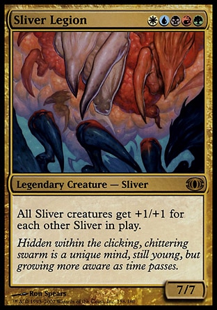 Sliver Legion (5, WUBRG) 7/7
Legendary Creature  — Sliver
All Sliver creatures get +1/+1 for each other Sliver on the battlefield.
Future Sight: Rare

