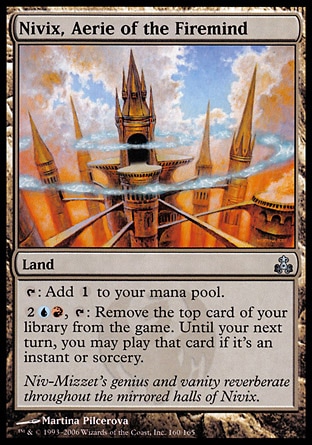 Nivix, Aerie of the Firemind (0, ) 0/0\nLand\n{T}: Add {1} to your mana pool.<br />\n{2}{U}{R}, {T}: Exile the top card of your library. Until your next turn, you may cast that card if it's an instant or sorcery.\n: Uncommon, Guildpact: Uncommon\n\n