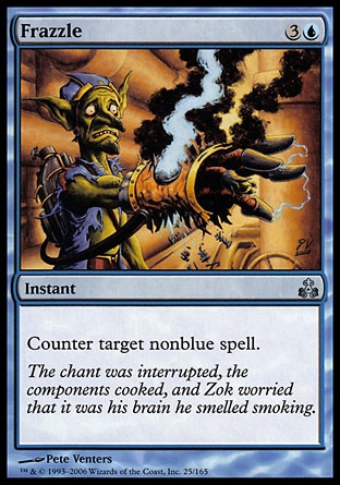 Frazzle (4, 3U) 0/0\nInstant\nCounter target nonblue spell.\nGuildpact: Uncommon\n\n