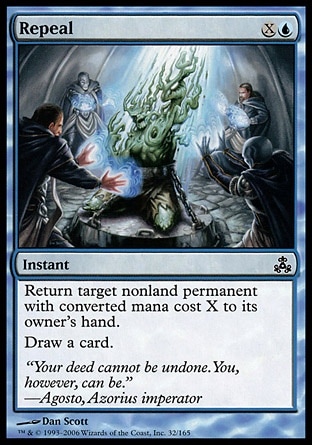 Repeal (2, XU) 0/0\nInstant\nReturn target nonland permanent with converted mana cost X to its owner's hand.<br />\nDraw a card.\nGuildpact: Common\n\n