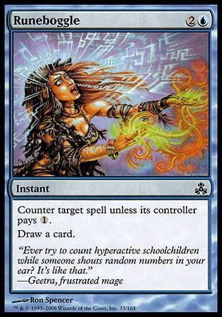 Runeboggle (3, 2U) 0/0\nInstant\nCounter target spell unless its controller pays {1}.<br />\nDraw a card.\nGuildpact: Common\n\n