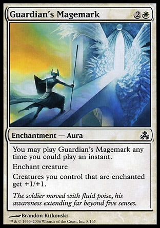 Guardian's Magemark (3, 2W) 0/0\nEnchantment  — Aura\nFlash<br />\nEnchant creature<br />\nCreatures you control that are enchanted get +1/+1.\nGuildpact: Common\n\n