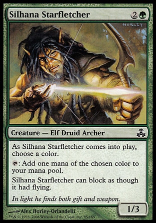 Silhana Starfletcher (3, 2G) 1/3\nCreature  — Elf Druid Archer\nReach (This creature can block creatures with flying.)<br />\nAs Silhana Starfletcher enters the battlefield, choose a color.<br />\n{T}: Add one mana of the chosen color to your mana pool.\nGuildpact: Common\n\n