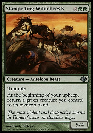 Stampeding Wildebeests (4, 2GG) 5/4\nCreature  — Antelope Beast\nTrample (If this creature would assign enough damage to its blockers to destroy them, you may have it assign the rest of its damage to defending player or planeswalker.)<br />\nAt the beginning of your upkeep, return a green creature you control to its owner's hand.\nDuel Decks: Garruk vs. Liliana: Uncommon, Tenth Edition: Uncommon, Visions: Uncommon\n\n