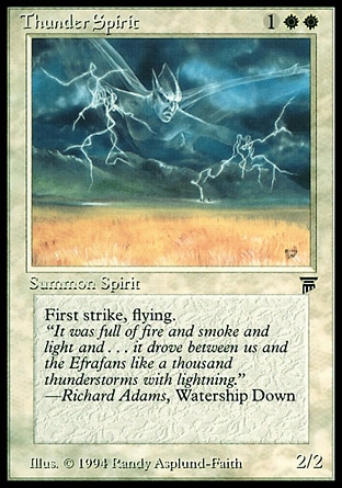 Thunder Spirit (3, 1WW) 2/2
Creature  — Elemental Spirit
Flying, first strike
Masters Edition: Uncommon, Legends: Rare

