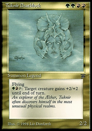 Tuknir Deathlock (4, RRGG) 2/2
Legendary Creature  — Human Wizard
Flying<br />
{R}{G}, {T}: Target creature gets +2/+2 until end of turn.
Masters Edition III: Uncommon, Legends: Rare

